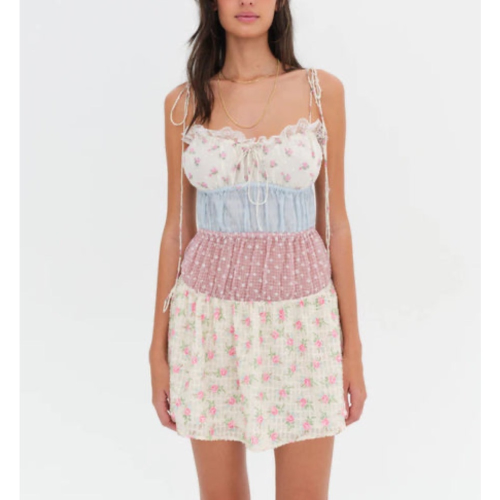 For Love & Lemons Pink Blue Cream Floral Patchwork Mini Dress